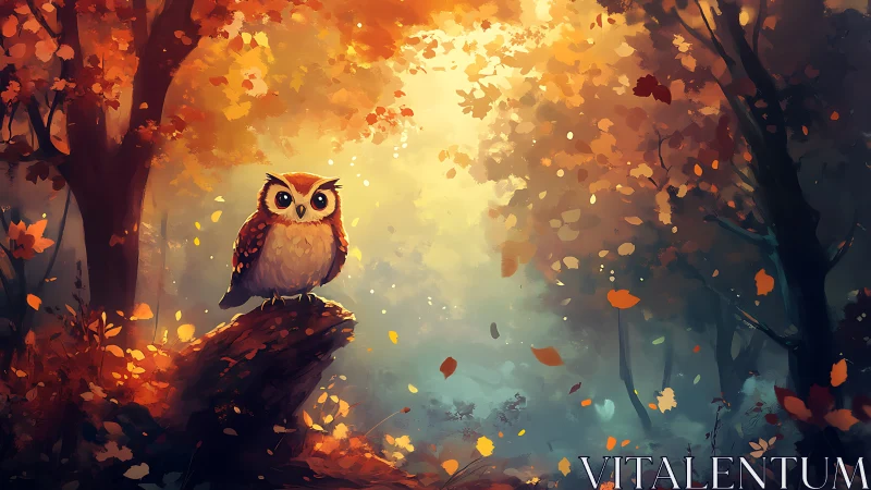 Whimsical owl perched on autumn forest rock, digital painting.