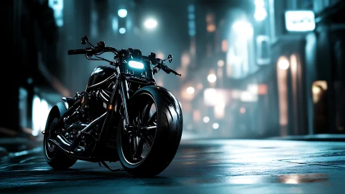 Custom motorcycle on wet neon lit city street at night.