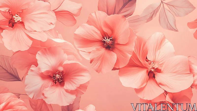 Coral hibiscus blooms layered in soft gradient palette.