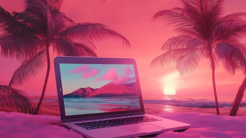 Laptop on neon tropical beach under saturated magenta sunset.