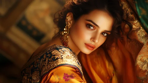Cinematic portrait of woman in ornate embroidered sari fabrics