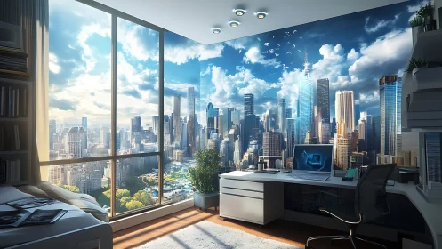 Skyline office bedroom with panoramic city view mural.