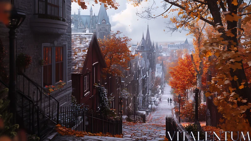 Cobblestone hill street descending into misty autumn town.