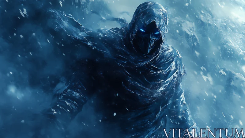Frost shrouded wraith strides through a storm of blue silence.