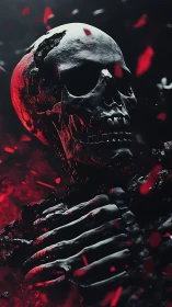 3D fractured skull portrait with dramatic red side lighting.