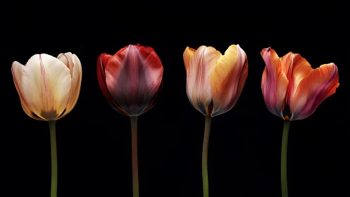 Illuminated Tulips: Four Blooms Against Black