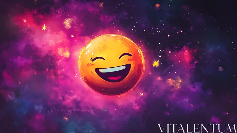Smiling orange emoji floating in bright colorful galaxy.