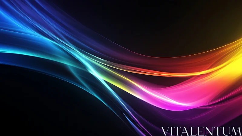 Radiant neon light waves sweep across deep black space.