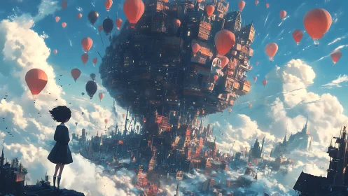 Floating clustered city mass with red balloons in clouds.