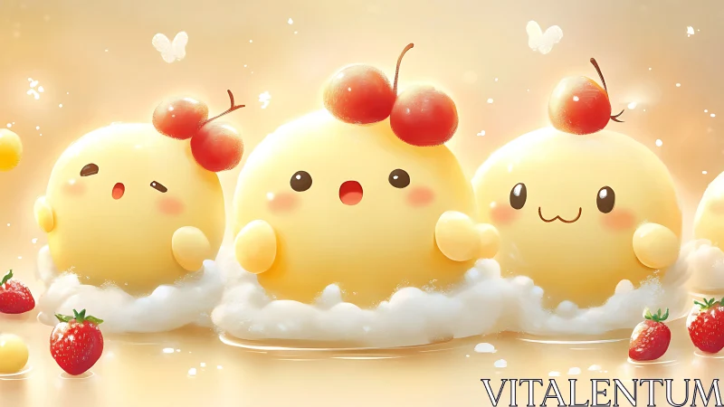 Kawaii custard mascots with cherries in soft pastel lighting.