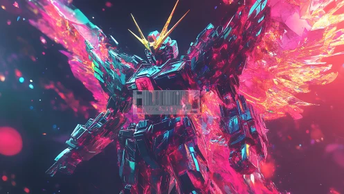 Crystal-winged mecha phoenix ignites in neon starlight.