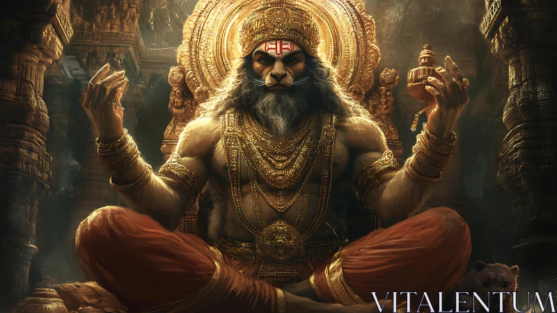 Lion-headed deity figure seated in ornate temple interior.