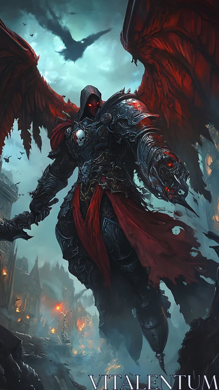 Winged armored figure over burning gothic cityscape.