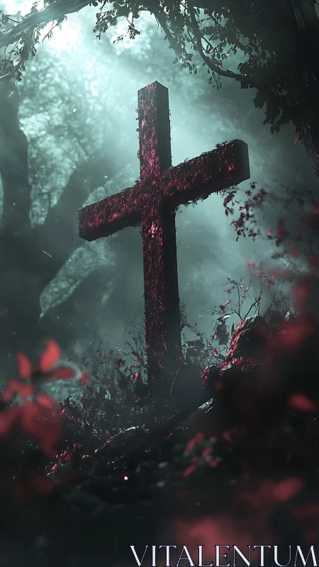 Ancient stone cross glows softly in a misty, haunted forest
