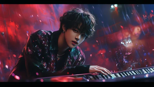 Neon-lit pianist in shimmering jacket at digital keyboard.
