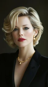 Elegant blonde portrait in black blazer with gold jewelry.
