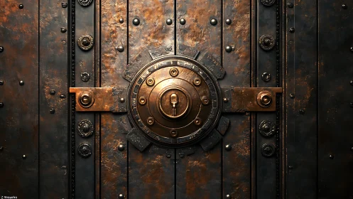 Heavy metallic vault door with central circular locking hub.