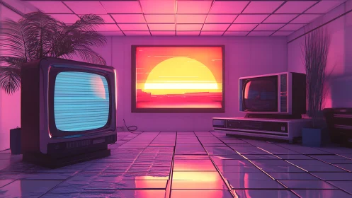 Retro televisions bask in neon sunset glow and tiled reflections