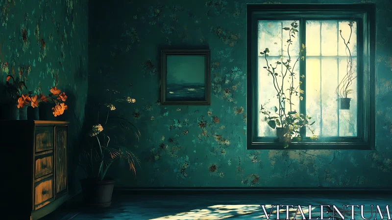 Sunlit vines haunt a teal room of fading floral memories.