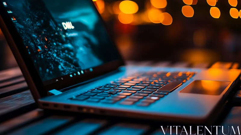 Slim laptop glows against warm city bokeh at night.
