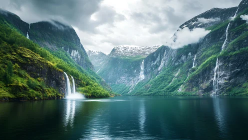 Dramatic fjord waterfall under stormy clouds and cliffs.