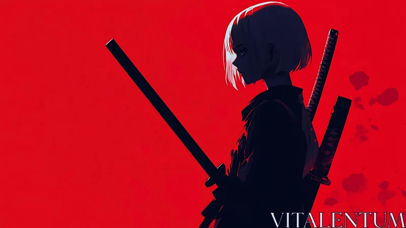 Stoic anime swordswoman stands silhouetted in blood-red dusk.