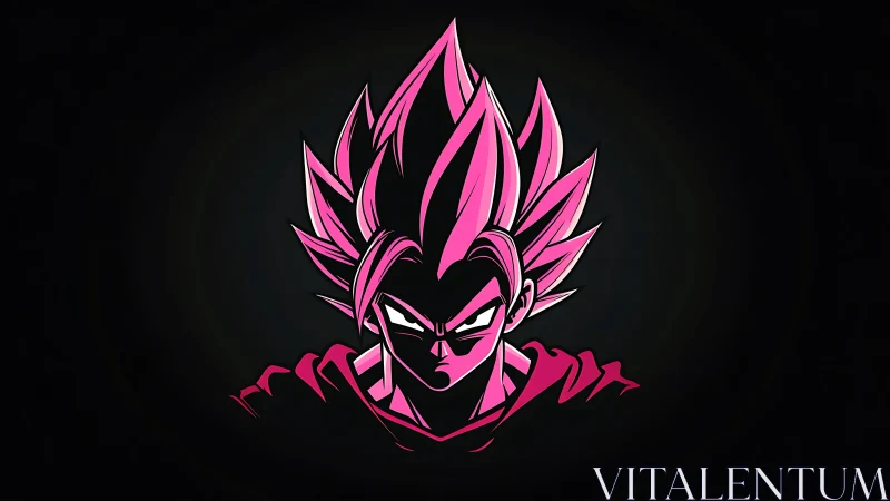 Neon pink spiky haired anime warrior head on black field