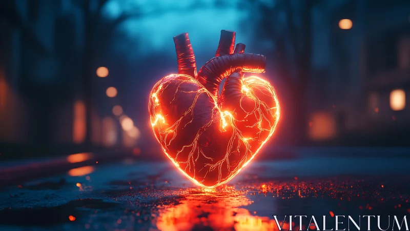 Luminous cybernetic heart pulses on wet urban night street