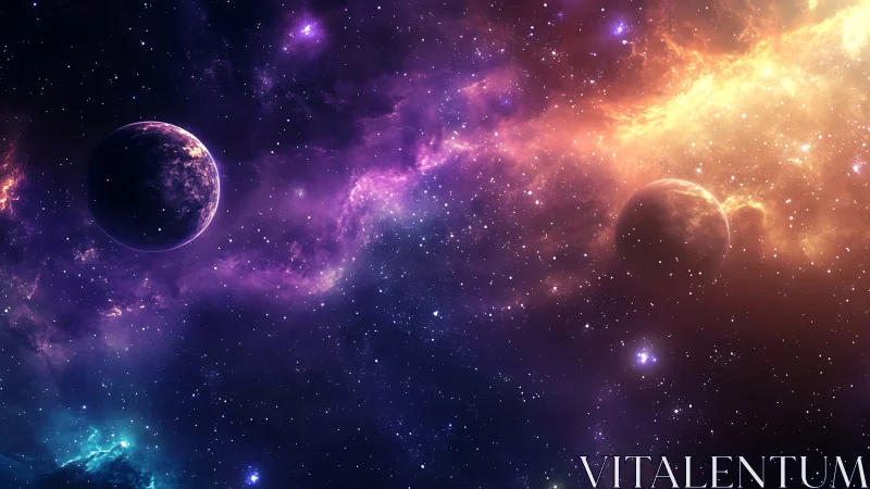 Binary planets drift through luminous violet nebula field.