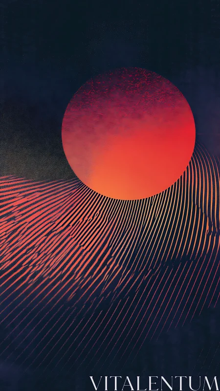 Geometric red sun over abstract linear landscape.
