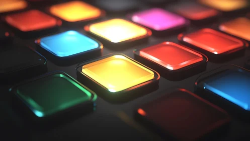 Colorful illuminated square buttons in a modern digital style.
