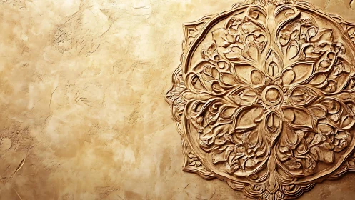 Golden mandala relief blooms on sunlit plaster silence.