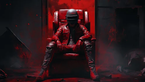 Helmeted warrior sits on blood red throne in dark room