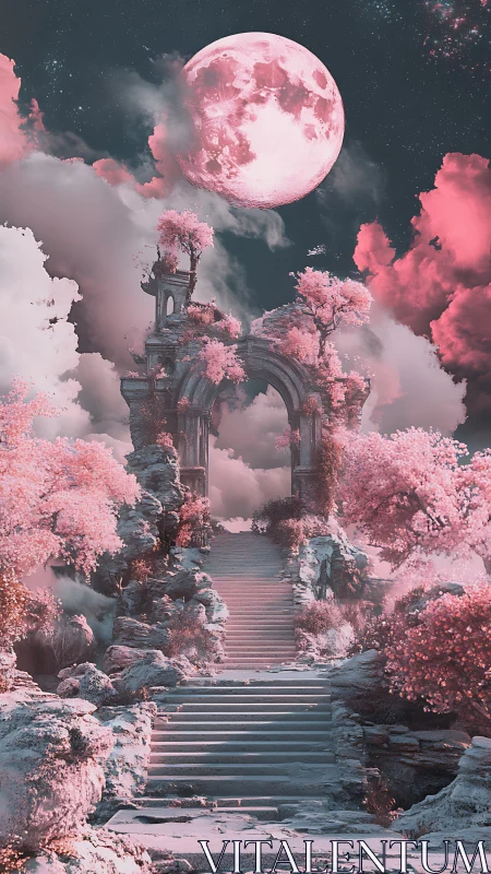 Moonlit ruins rise above pastel clouds in a dreamlike ascent