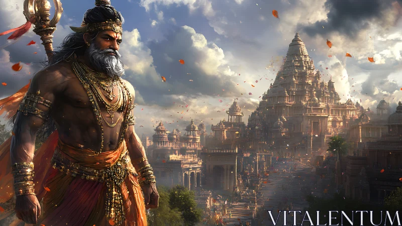 Warrior stands before vast ancient temple city complex