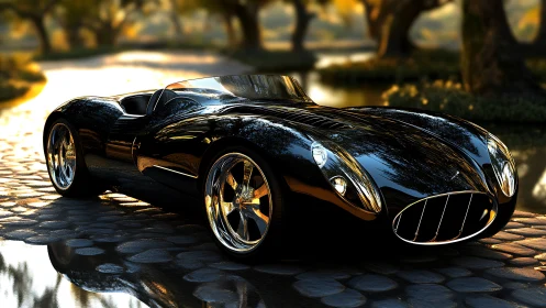 Midnight roadster gliding through golden garden light.