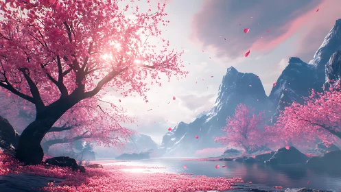 Pink blossom valley where quiet river meets soft light.