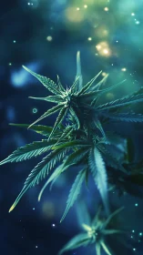 Cannabis inflorescence rendered in luminous teal bokeh field