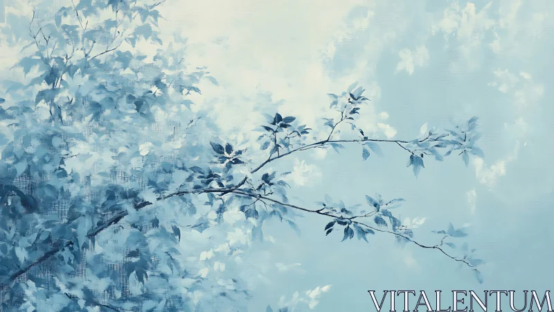 Tranquil Blue-Toned Branch and Leaves Painting in Soft Watercolor.