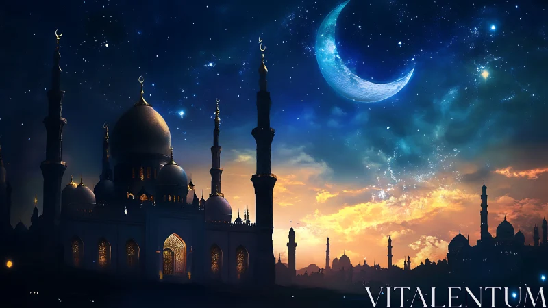 Night sky shows crescent moon above illuminated mosque skyline
