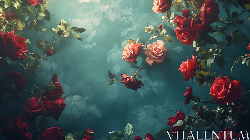 Roses Dance Through Teal Dreamscape With Lavish Color Play.