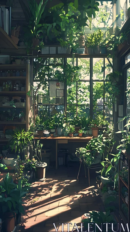 Sunlit indoor workspace with dense potted plant display.