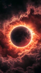 Fiery eclipse crown glows warmly above stormy red clouds