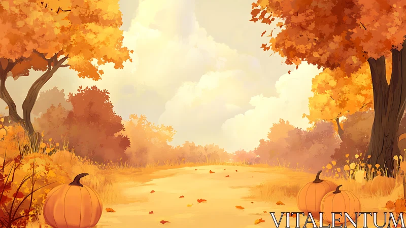 Autumn forest path with pumpkins rendered in warm diffuse lighting