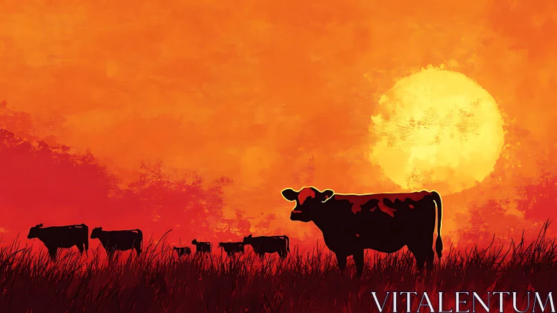 Cows wandering home under a glowing country sunset sky.