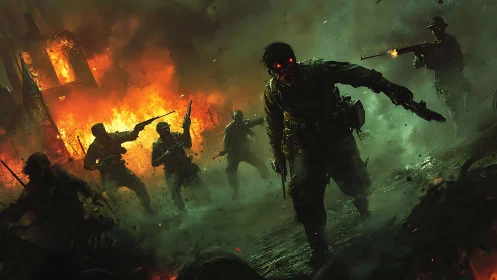 Undead soldiers advancing across burning battlefield at night.