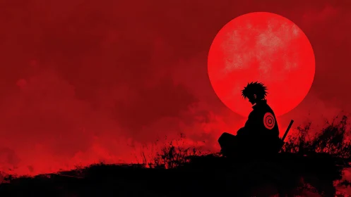 Samurai silhouette under crimson moonlit sky horizon