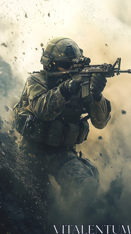 Modern infantry soldier in tactical gear under explosion.