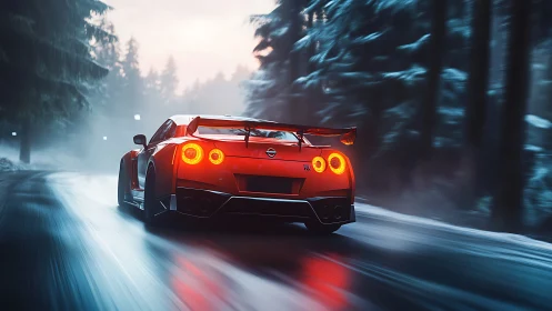 Red Nissan GT-R accelerates on wet forest road at dusk