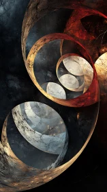 Interlocking marble-like rings in layered abstract spiral form.